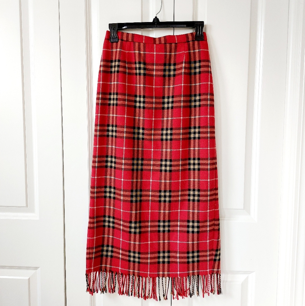 Red Plaid Blanket‎ Maxi Skirt Fringe sz 4P Requirements Vintage Wool Christmas
